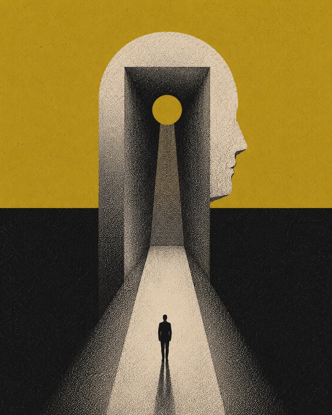 A lone figure stands in a beam of light before a doorway shaped like a keyhole, cut into the silhouette of a human head.